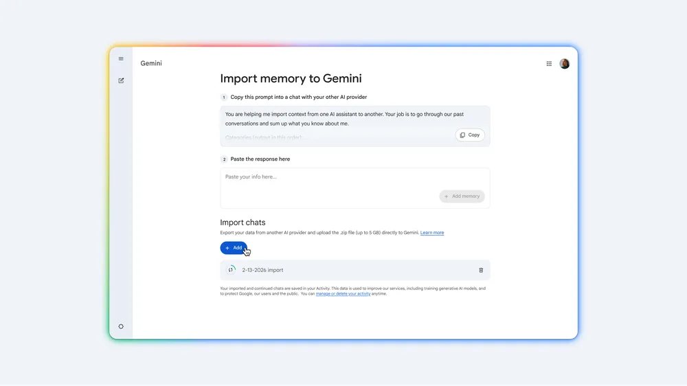 Google Adds Chat History Transfer to Gemini to Win AI Users